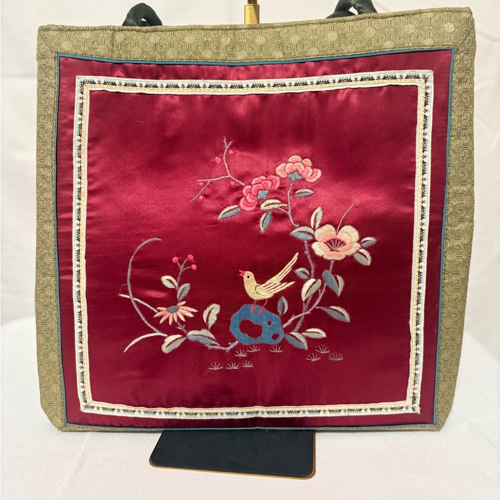 Vintage Chinese silk double sided embroidered bag with a floral and bird motif